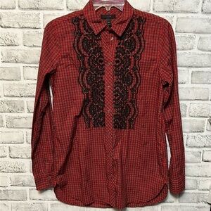 Women’s Red, J.Crew Tartan, Button-Up Top w/ Black Sequins & Embroidery, Size 2T